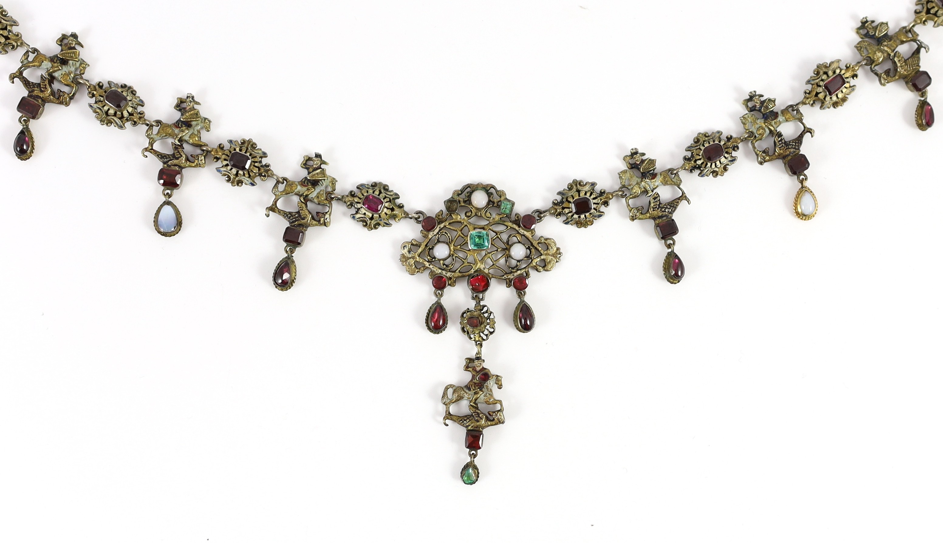 A 19th century Austro-Hungarian? gilt metal, gem, enamel and paste set drop fringe necklace, 36cm, in fitted box.